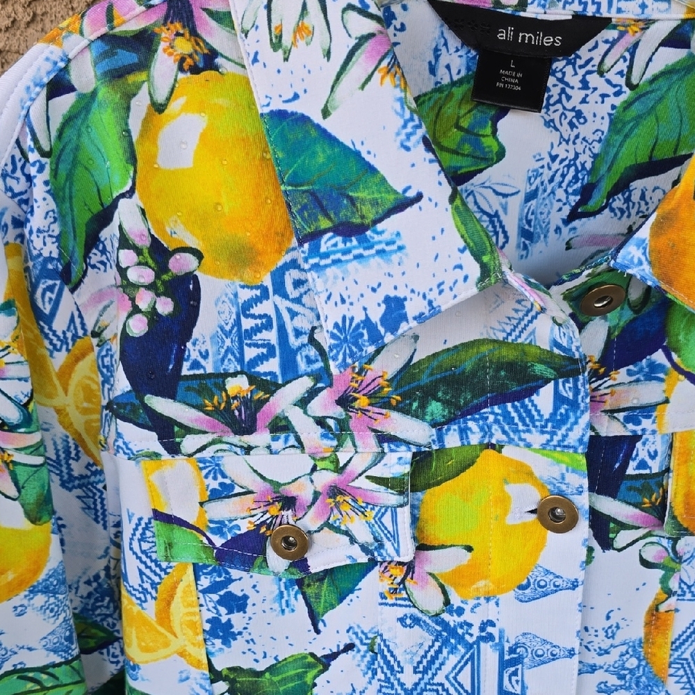 Ali Miles Lemon Floral Print Women's Shirt Jacket Size Large Yellow Blue White - Picture 6 of 16